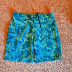 UNDER ARMOUR Men's Swimming Trunks Board Shorts Blue Camoflauge Pattern Size 34